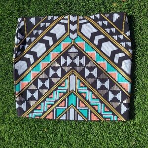 Express Geo Sequin Mini Skirt in Black, Teal & Coral with Gold Accents